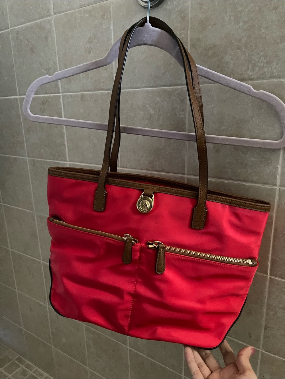 Michael Kors Bright Red Nylon Tote with Brown Leather Trim